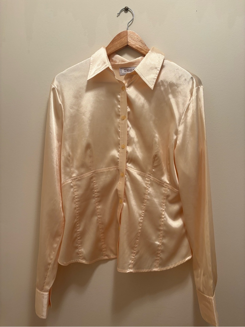 Butter Yellow Satin Button-Front Long Sleeve Top
